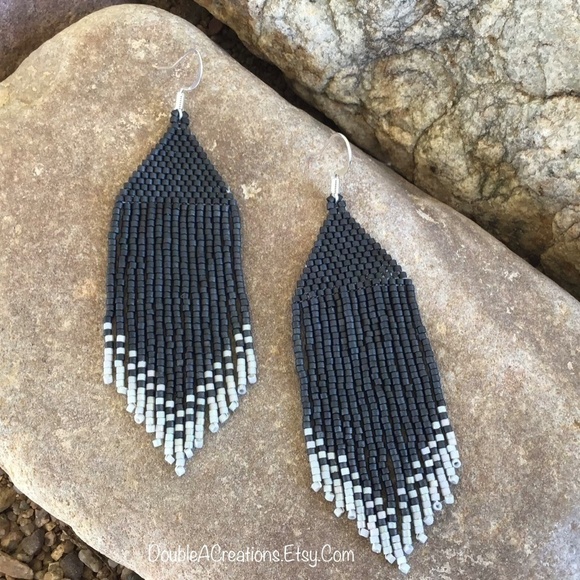 DARK Gray With Light Gray Tips Handmade Beaded Earrings,New, Handmade by Me - Picture 2 of 8